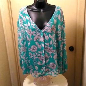 Turquoise with Flowers Long Sleeves Blouse